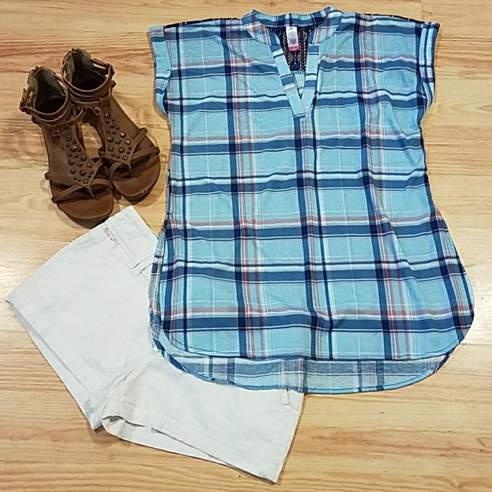 Spring Plaid V-Neck Tunic w/  Shoulder Lace